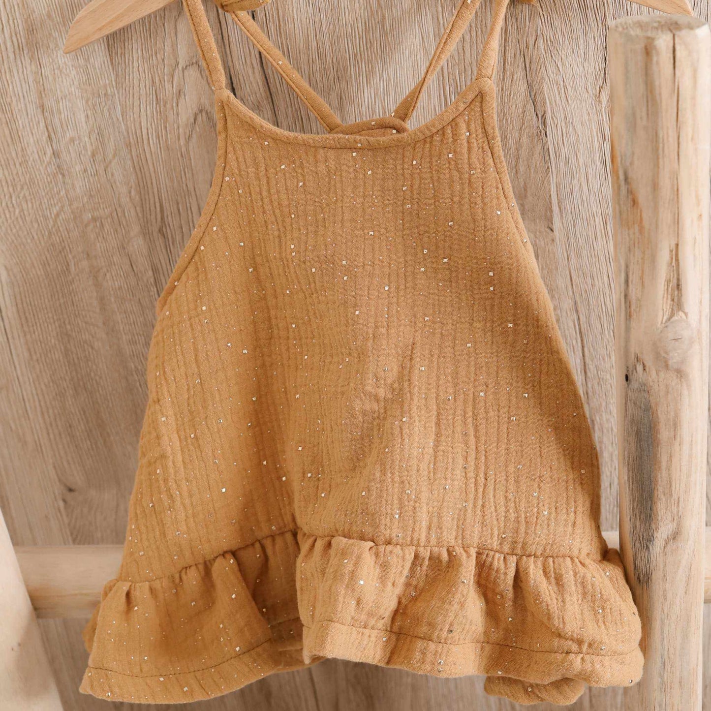 Musselin Trägertop camel und gold mit Volant für Mädchen, handgemacht, Sommermode.