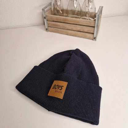 Hipster beanie for boys, navy color, size 42, with Boys Rock patch.