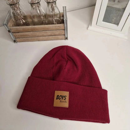 Red boys hipster beanie with Boys Rock label, size 48, perfect for fall and winter.